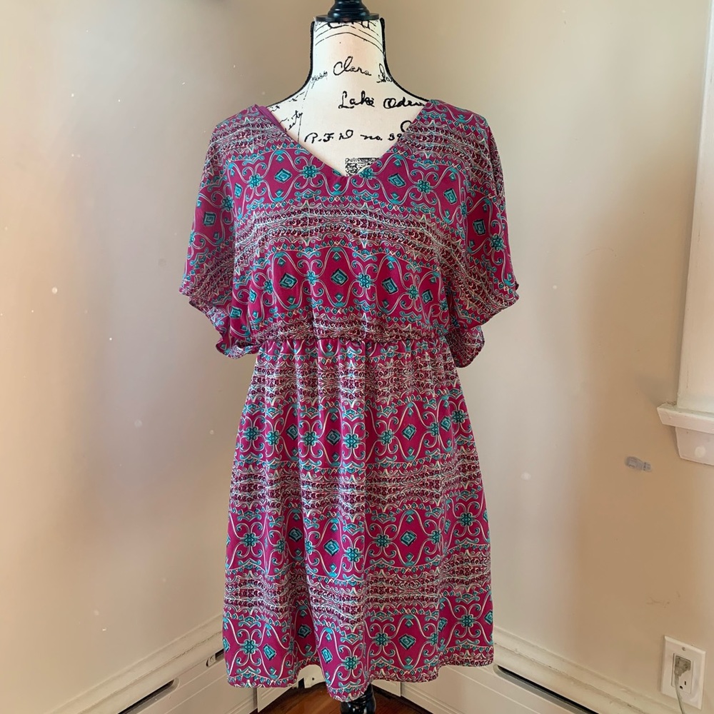 Pink and turquoise dress.